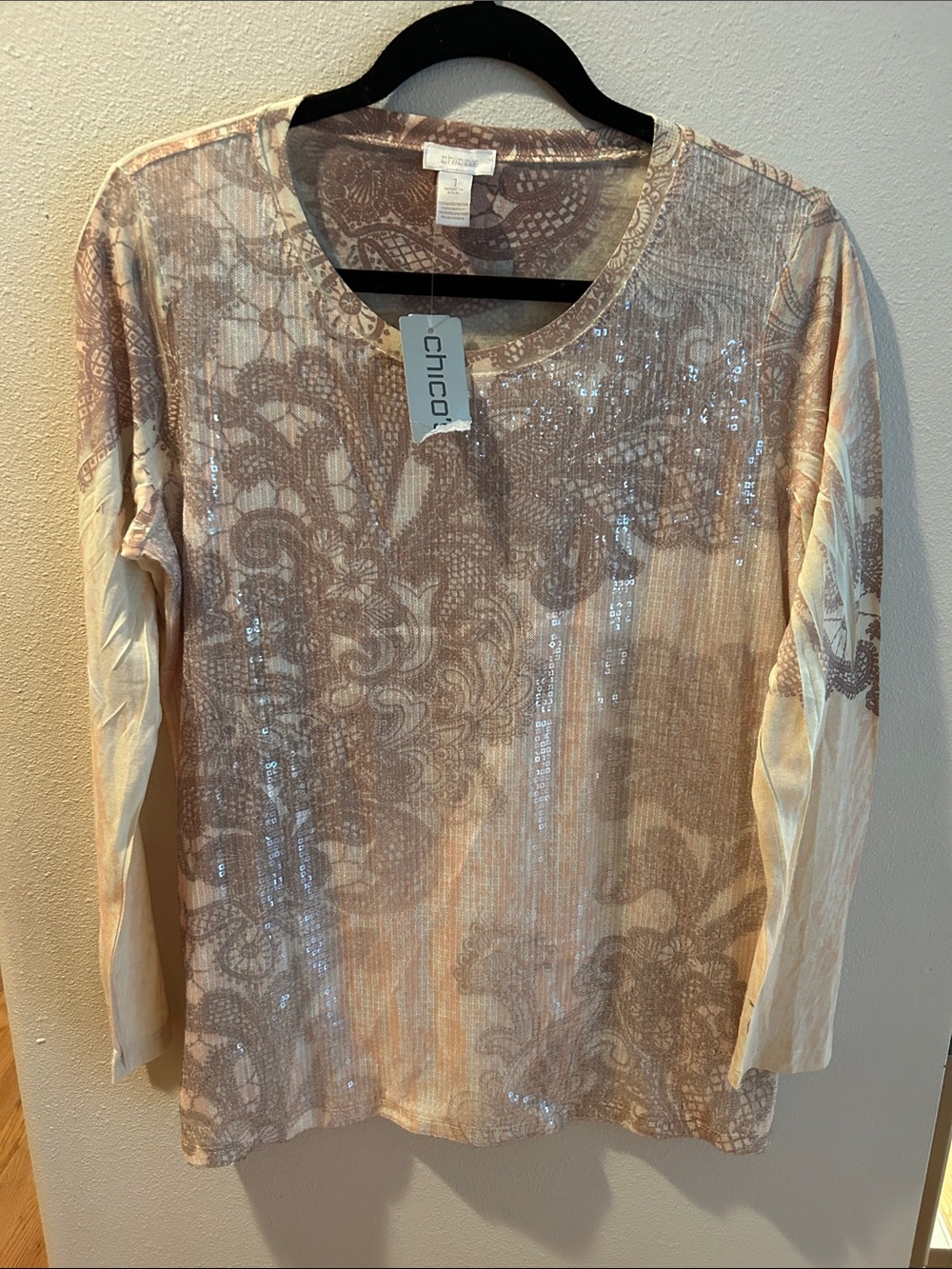 Chico's Beige Lace-Print Sequin Long Sleeve Top